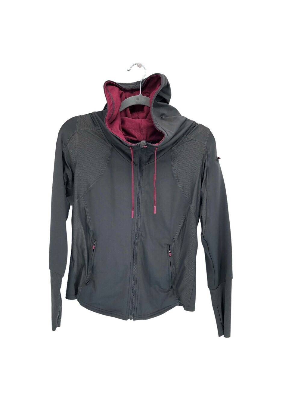 Hylete Jacket Womens Medium Gray Red Full‎ Zip Hooded Thumb Holes Workout Gym